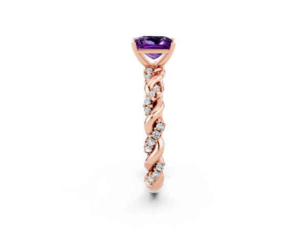 Rose gold Princess Cut Amethyst Solitaire Ring with Twisted Band and Pavé Accents