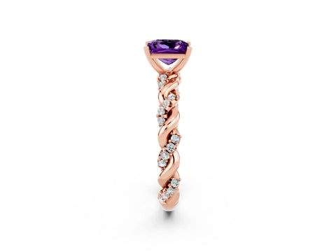 Rose gold Princess Cut Amethyst Solitaire Ring with Twisted Band and Pavé Accents_2
