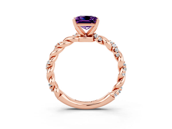 Rose gold Princess Cut Amethyst Solitaire Ring with Twisted Band and Pavé Accents