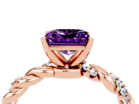 Rose gold Princess Cut Amethyst Solitaire Ring with Twisted Band and Pavé Accents_4