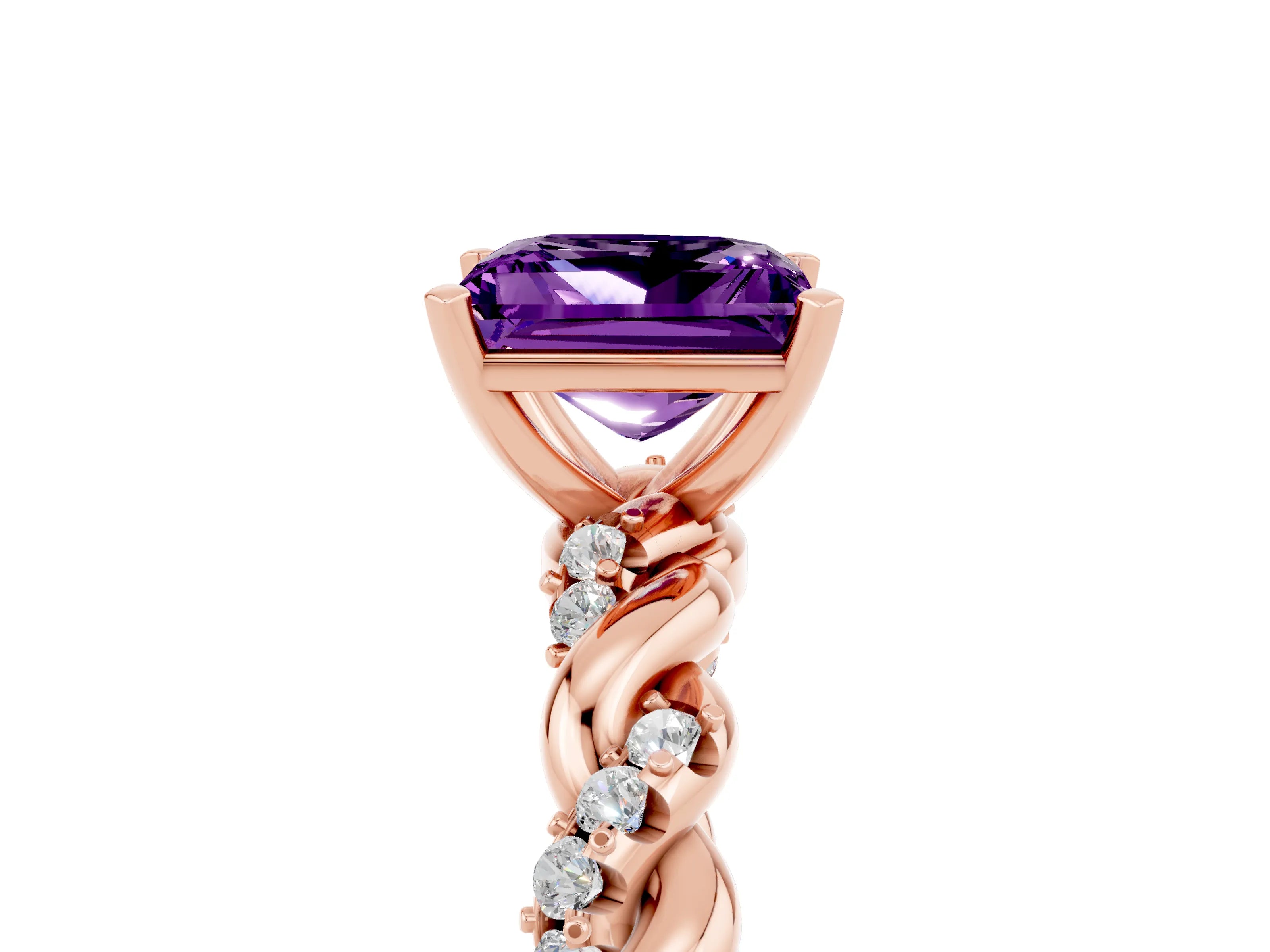 Rose gold Princess Cut Amethyst Solitaire Ring with Twisted Band and Pavé Accents_5