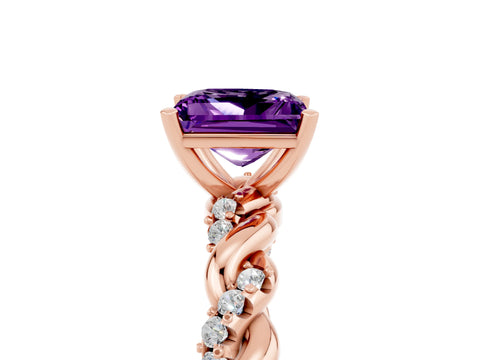 Rose gold Princess Cut Amethyst Solitaire Ring with Twisted Band and Pavé Accents_5