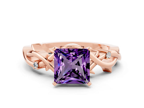Rose gold Princess Cut Amethyst Solitaire Ring with Twisted Band and Prong Setting
