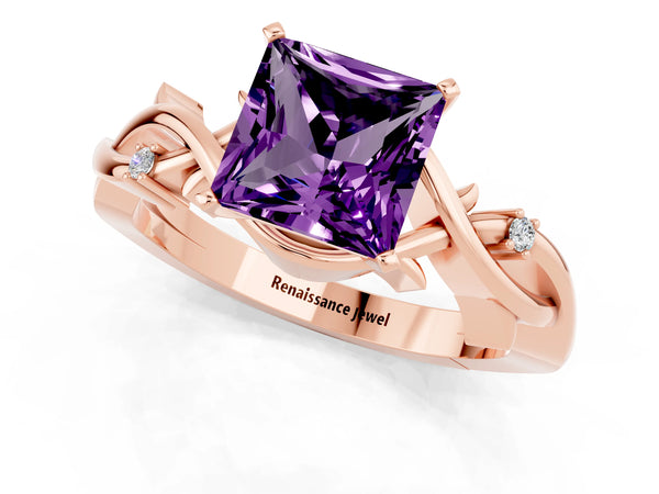 Rose gold Princess Cut Amethyst Solitaire Ring with Twisted Band and Prong Setting
