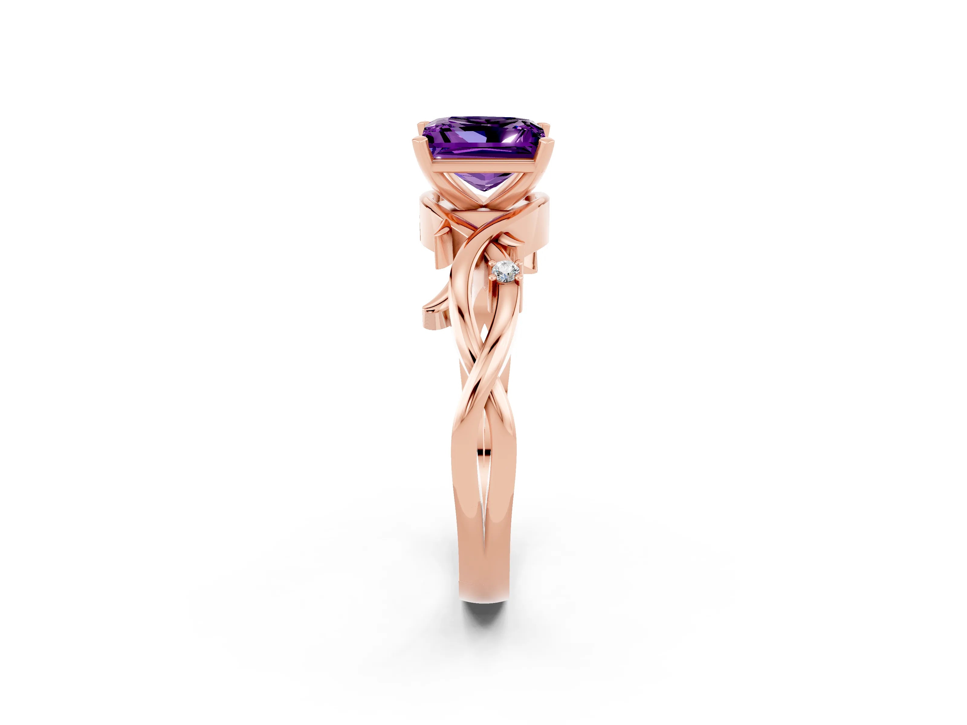 Rose gold Princess Cut Amethyst Solitaire Ring with Twisted Band and Prong Setting_2