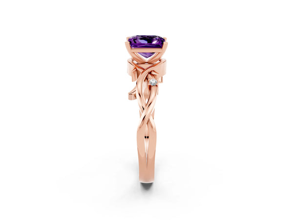Rose gold Princess Cut Amethyst Solitaire Ring with Twisted Band and Prong Setting