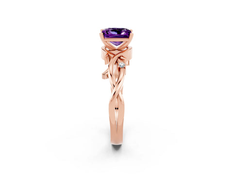 Rose gold Princess Cut Amethyst Solitaire Ring with Twisted Band and Prong Setting_2