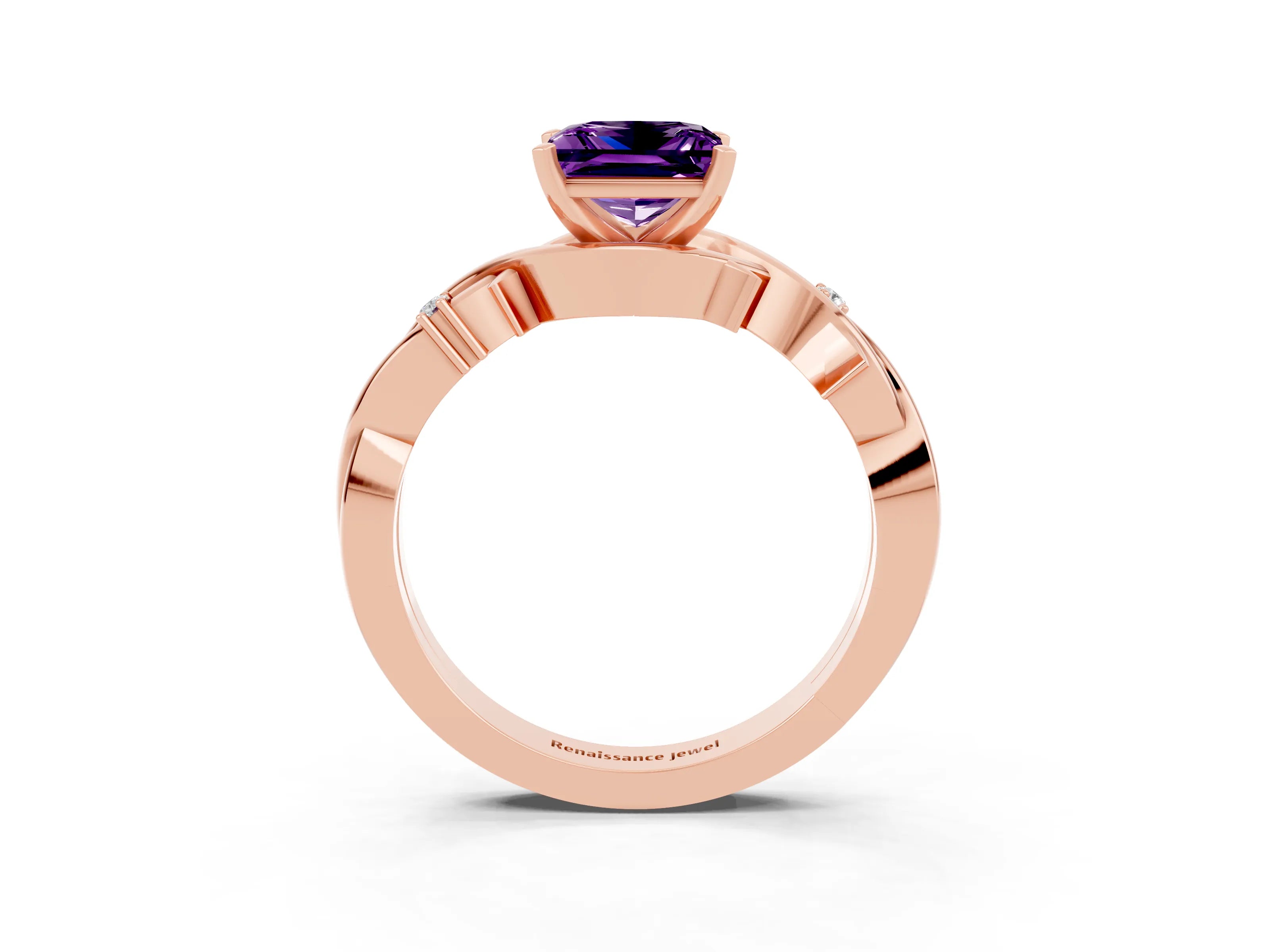 Rose gold Princess Cut Amethyst Solitaire Ring with Twisted Band and Prong Setting_3