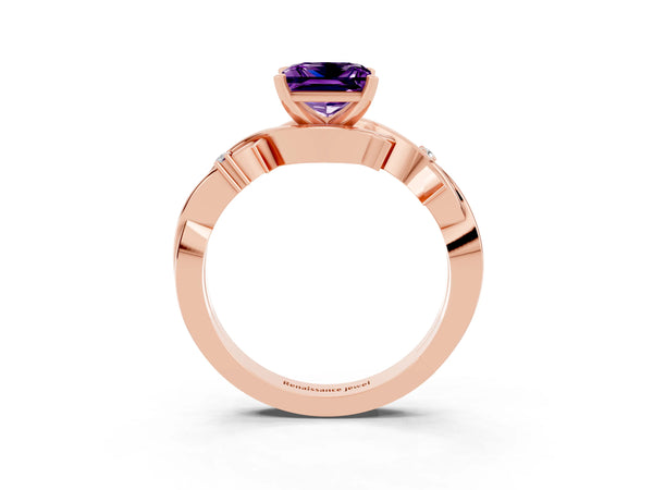 Rose gold Princess Cut Amethyst Solitaire Ring with Twisted Band and Prong Setting