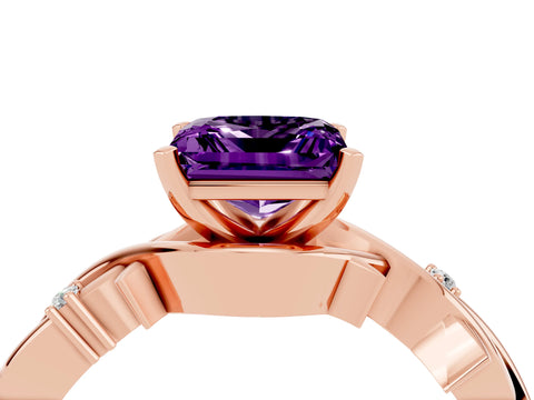 Rose gold Princess Cut Amethyst Solitaire Ring with Twisted Band and Prong Setting_4