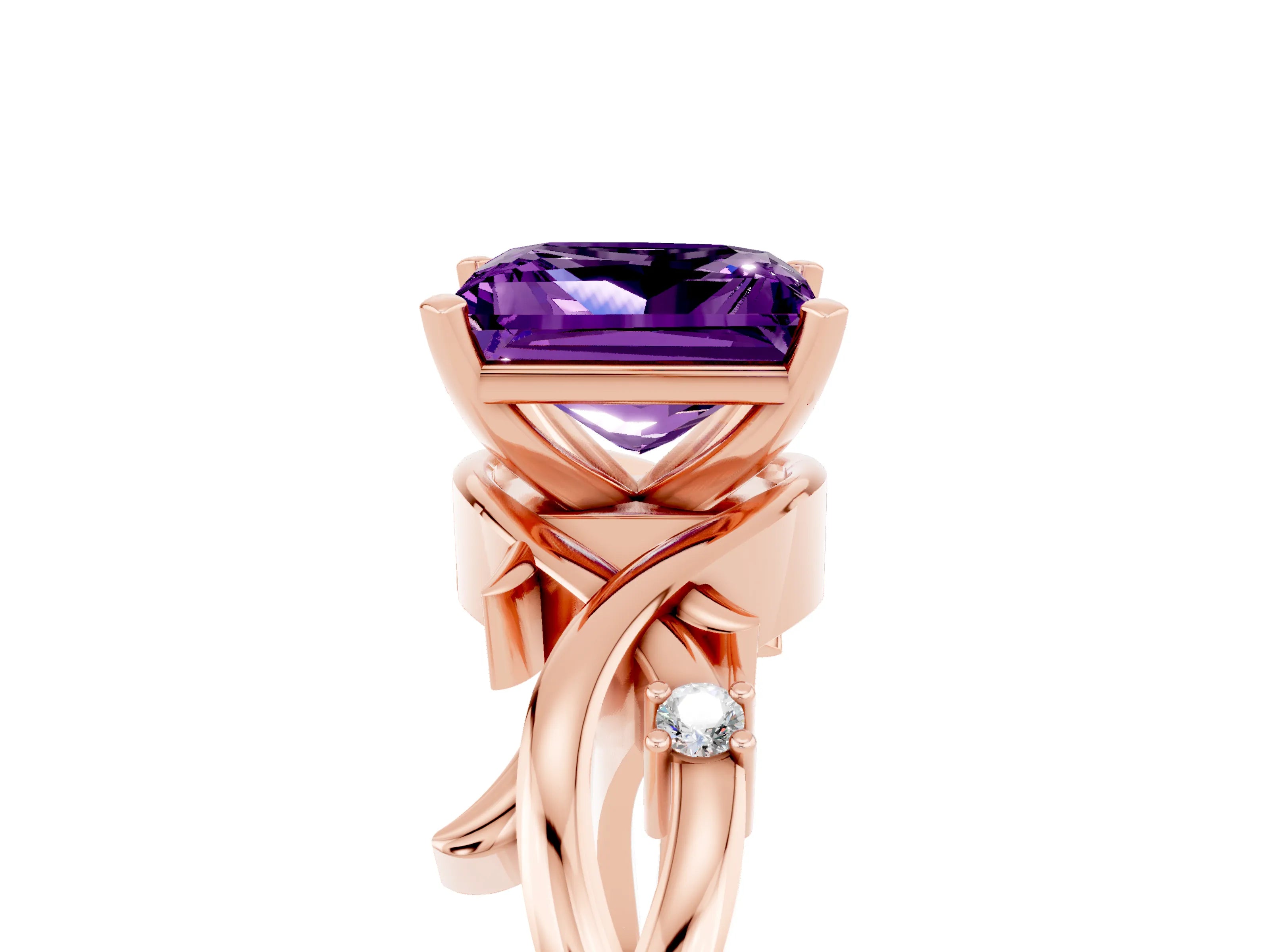 Rose gold Princess Cut Amethyst Solitaire Ring with Twisted Band and Prong Setting_5