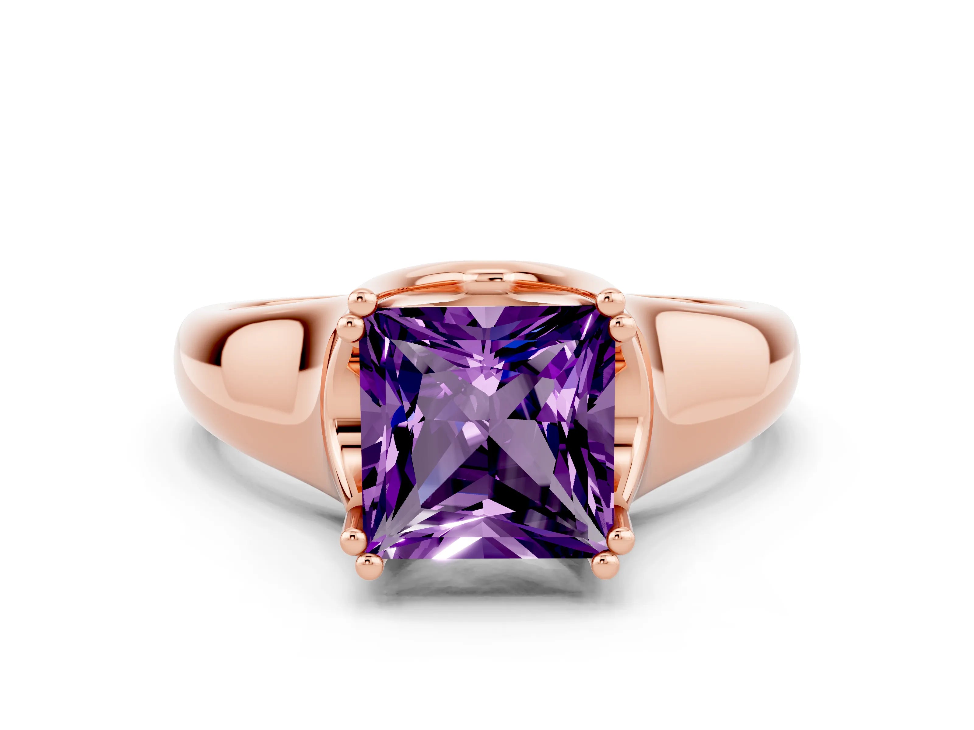 Rose gold Princess Cut Amethyst Solitaire Ring with Wide Band and Prong Setting
