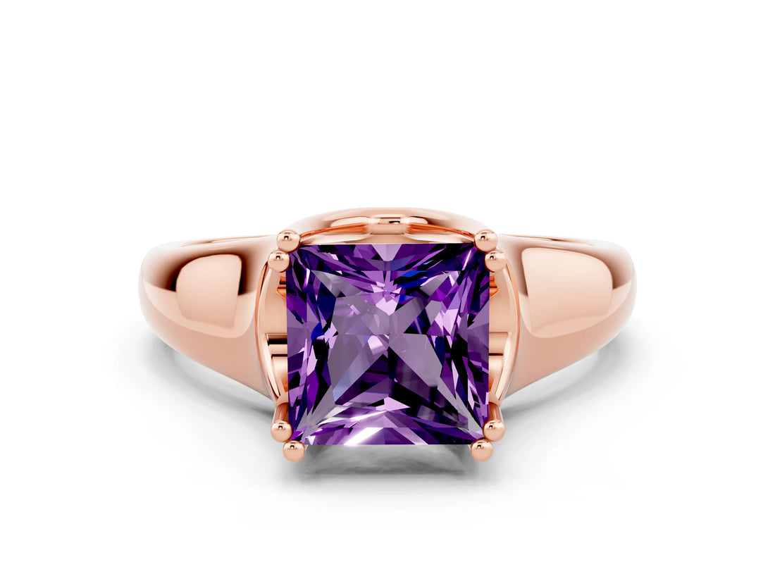 Rose gold Princess Cut Amethyst Solitaire Ring with Wide Band and Prong Setting
