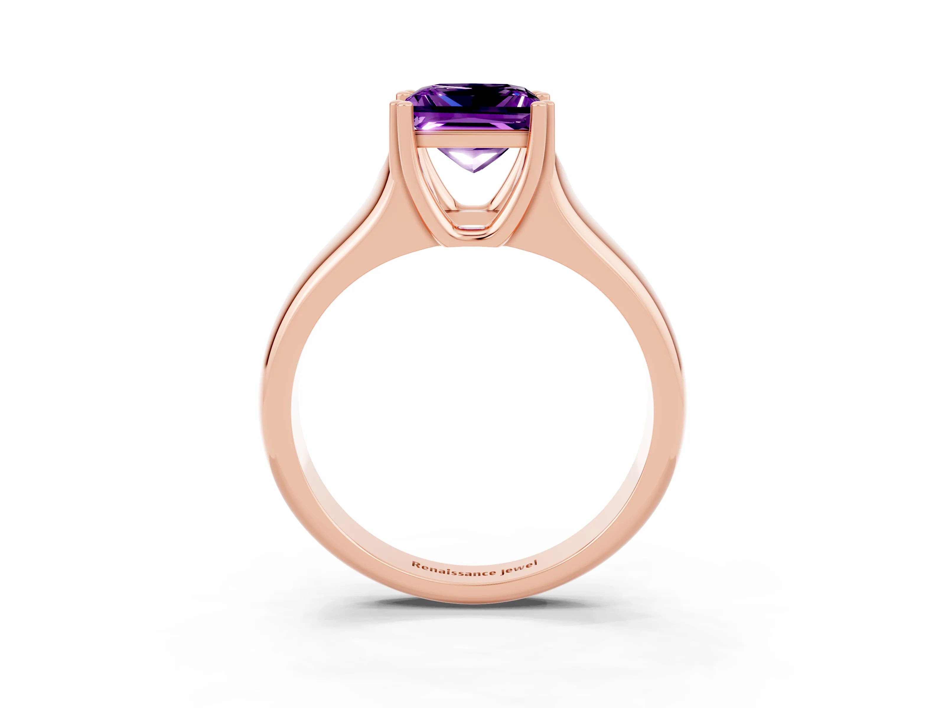 Rose gold Princess Cut Amethyst Solitaire Ring with Wide Band and Prong Setting_3