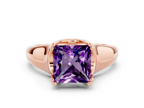 Rose gold Princess Cut Amethyst Solitaire Ring with Wide Band and Prong Setting