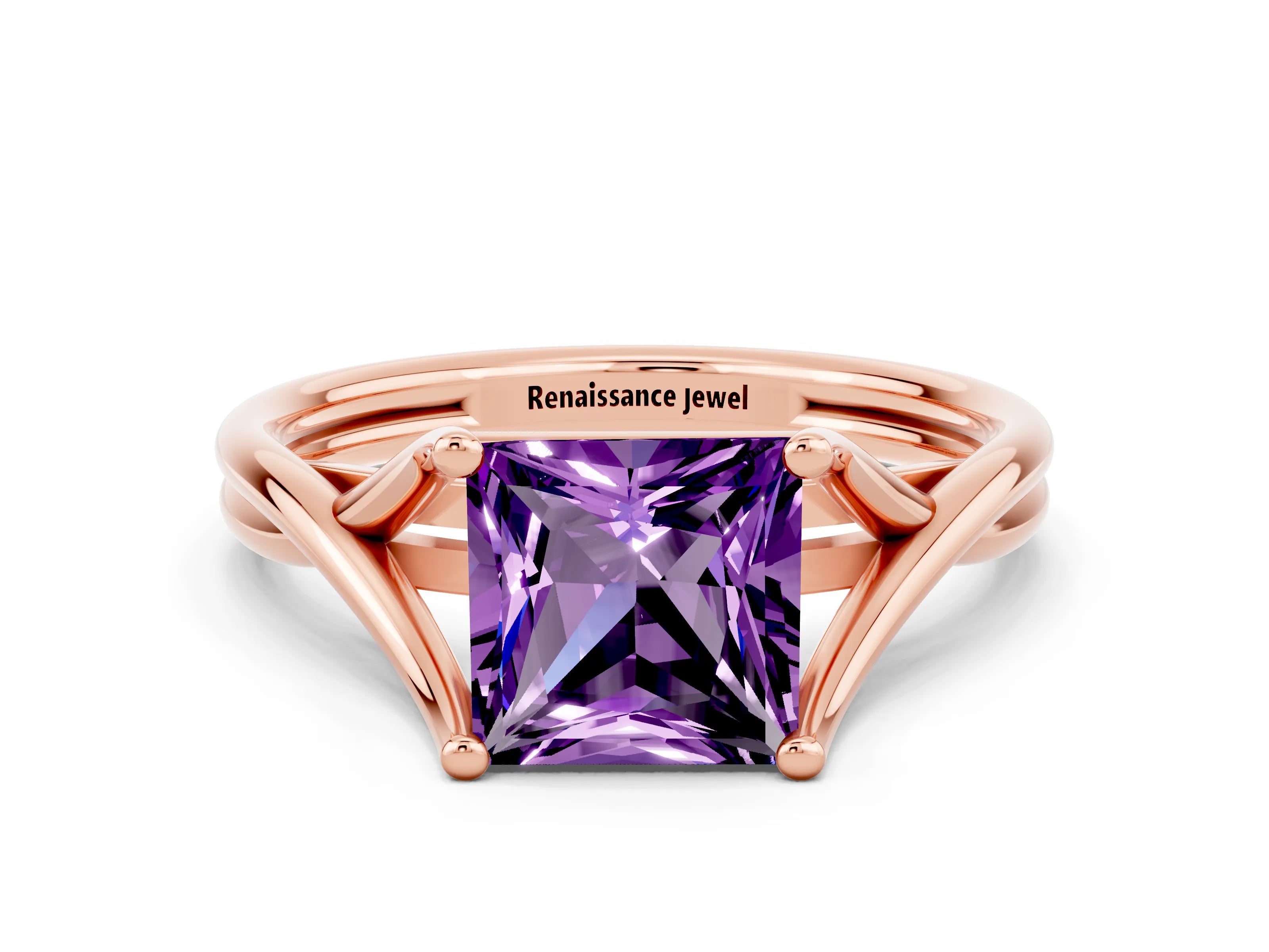Rose gold Princess Cut Amethyst Solitaire Twist Band Prong Setting Ring_24