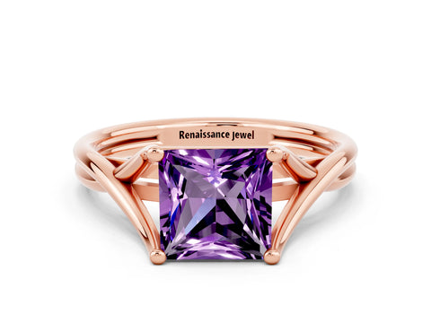 Rose gold Princess Cut Amethyst Solitaire Twist Band Prong Setting Ring_24