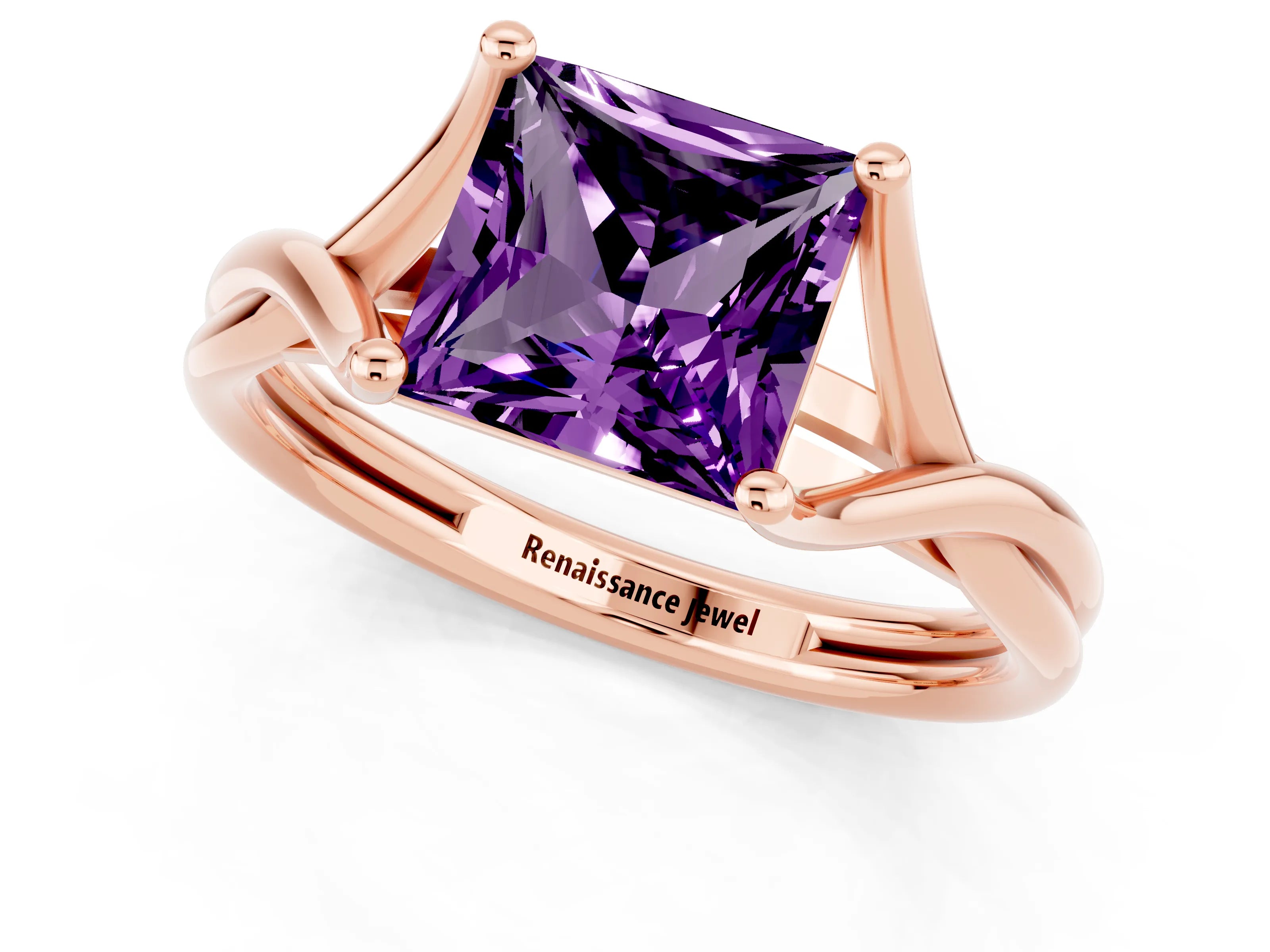 Rose gold Princess Cut Amethyst Solitaire Twist Band Prong Setting Ring_25