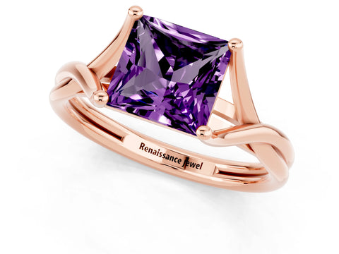 Rose gold Princess Cut Amethyst Solitaire Twist Band Prong Setting Ring_25