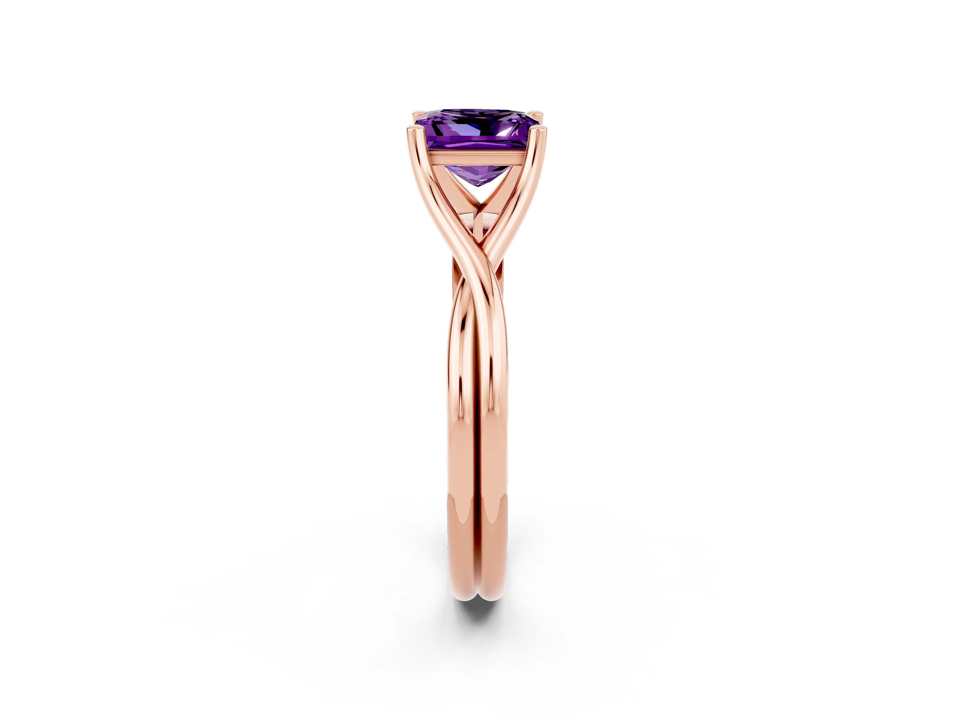 Rose gold Princess Cut Amethyst Solitaire Twist Band Prong Setting Ring_26