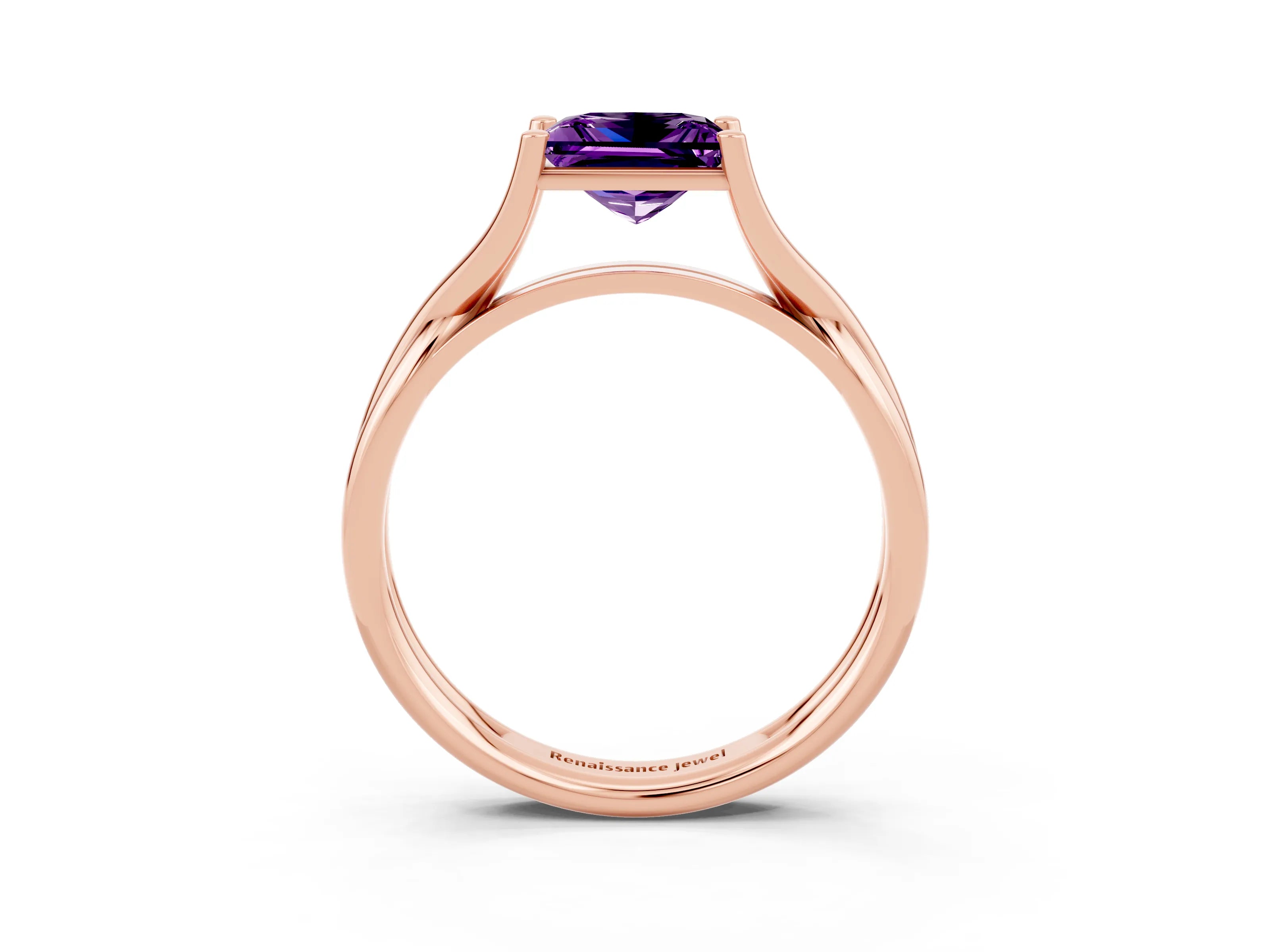 Rose gold Princess Cut Amethyst Solitaire Twist Band Prong Setting Ring_27