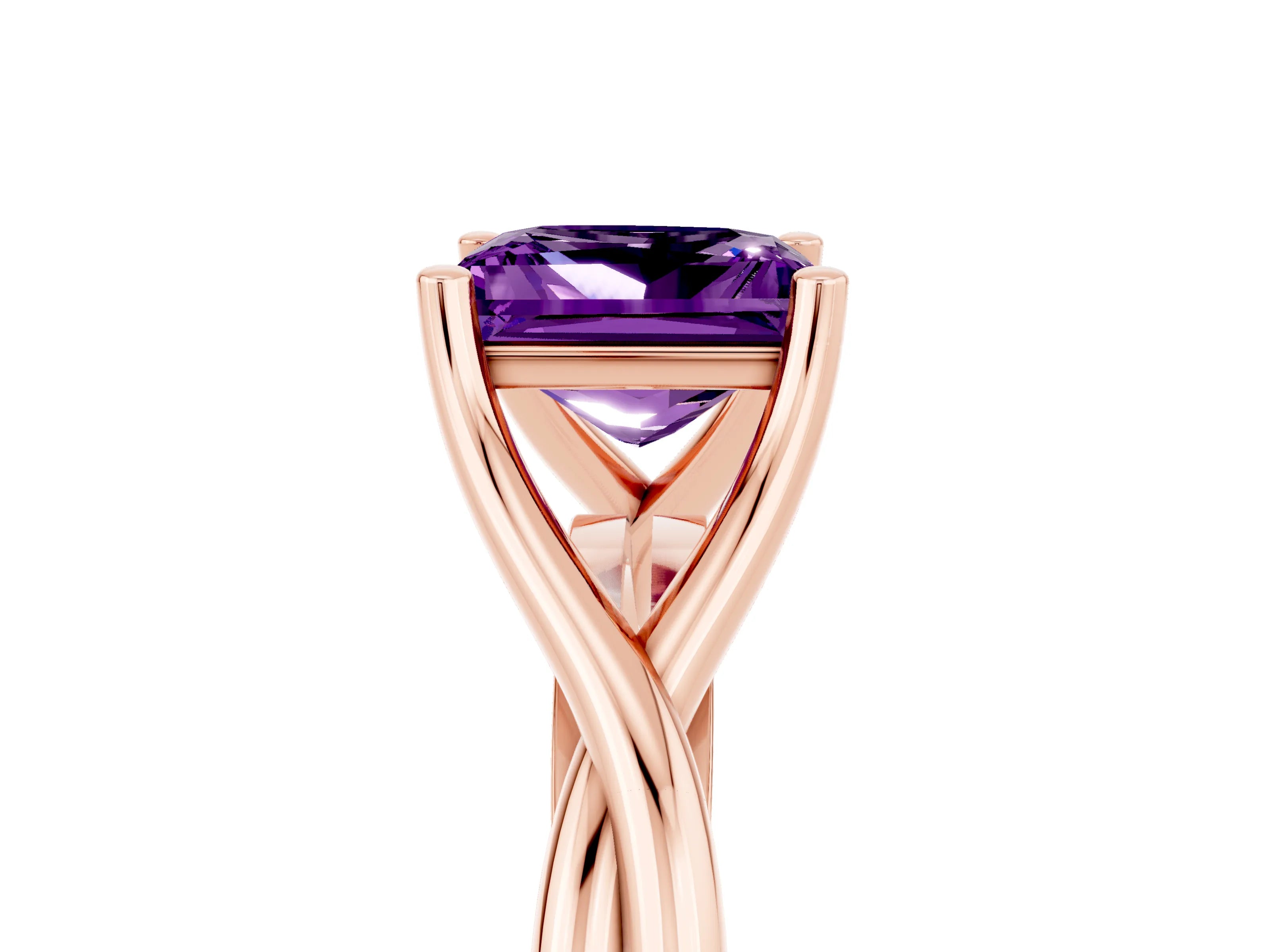 Rose gold Princess Cut Amethyst Solitaire Twist Band Prong Setting Ring_29