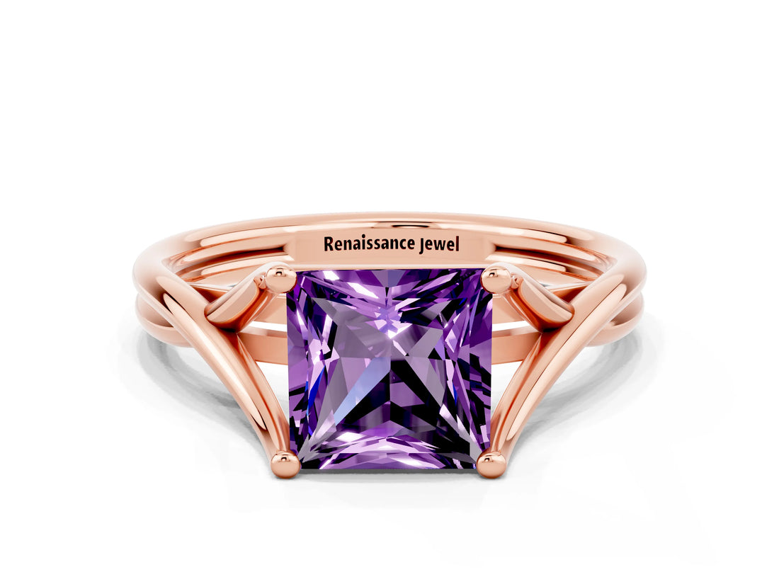 Rose gold Princess Cut Amethyst Solitaire Twist Band Prong Setting Ring_36