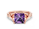 Rose gold Princess Cut Amethyst Solitaire Twist Band Prong Setting Ring_36