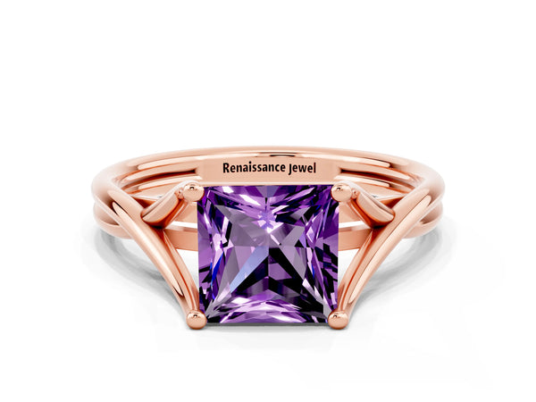 Rose gold Princess Cut Amethyst Solitaire Twist Band Prong Setting Ring