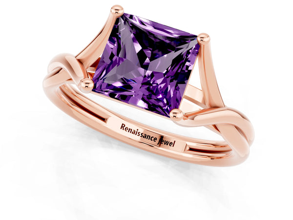 Rose gold Princess Cut Amethyst Solitaire Twist Band Prong Setting Ring