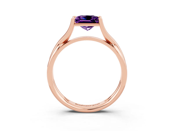 Rose gold Princess Cut Amethyst Solitaire Twist Band Prong Setting Ring
