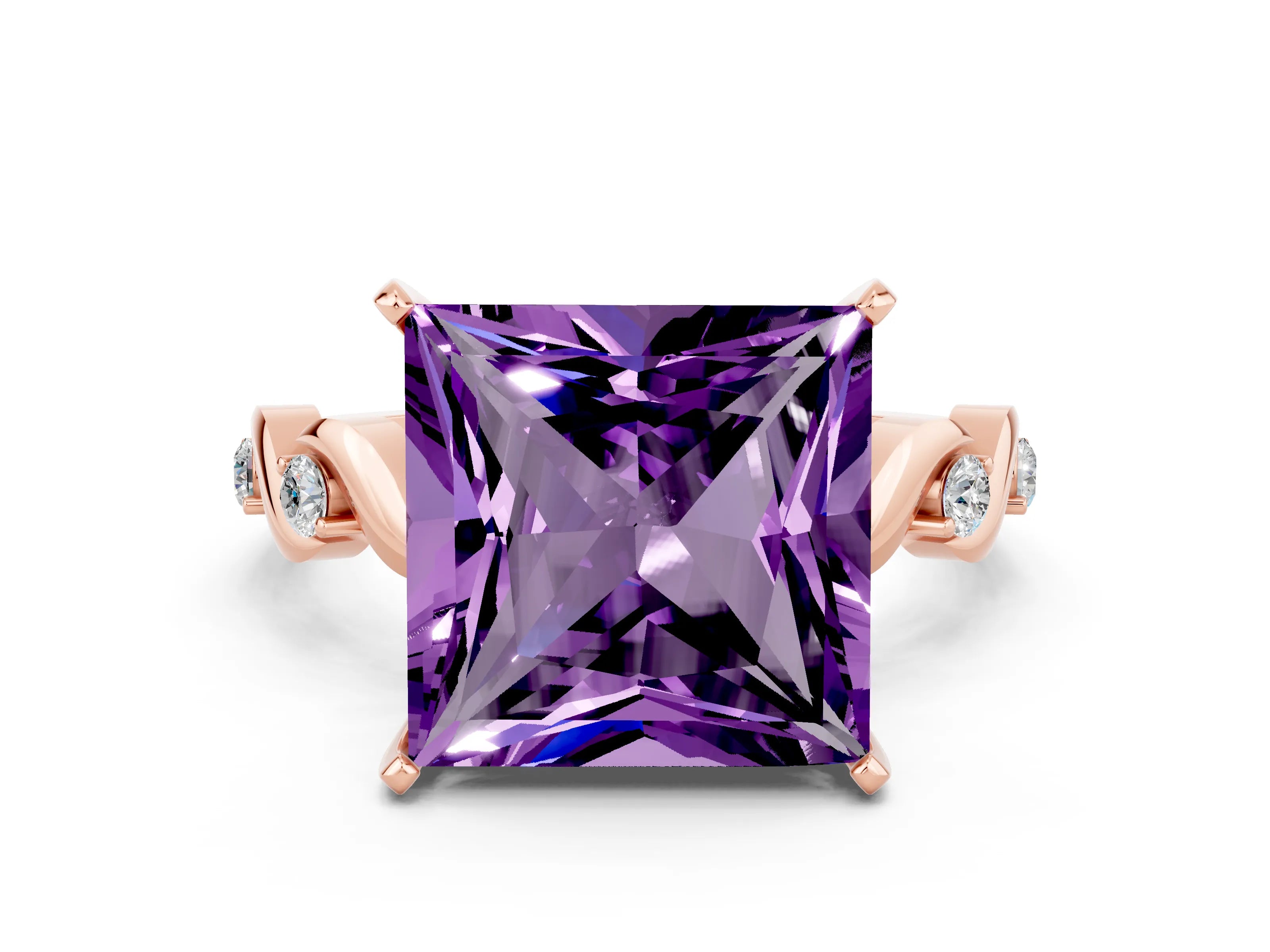 Rose gold Princess Cut Amethyst Solitaire Twisted Band with Round  Accents and Prong Setting_12