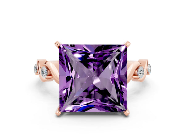 Rose gold Princess Cut Amethyst Solitaire Twisted Band with Round  Accents and Prong Setting
