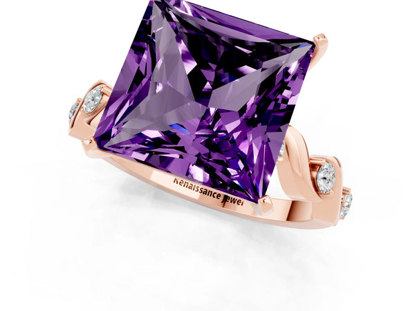 Rose gold Princess Cut Amethyst Solitaire Twisted Band with Round  Accents and Prong Setting