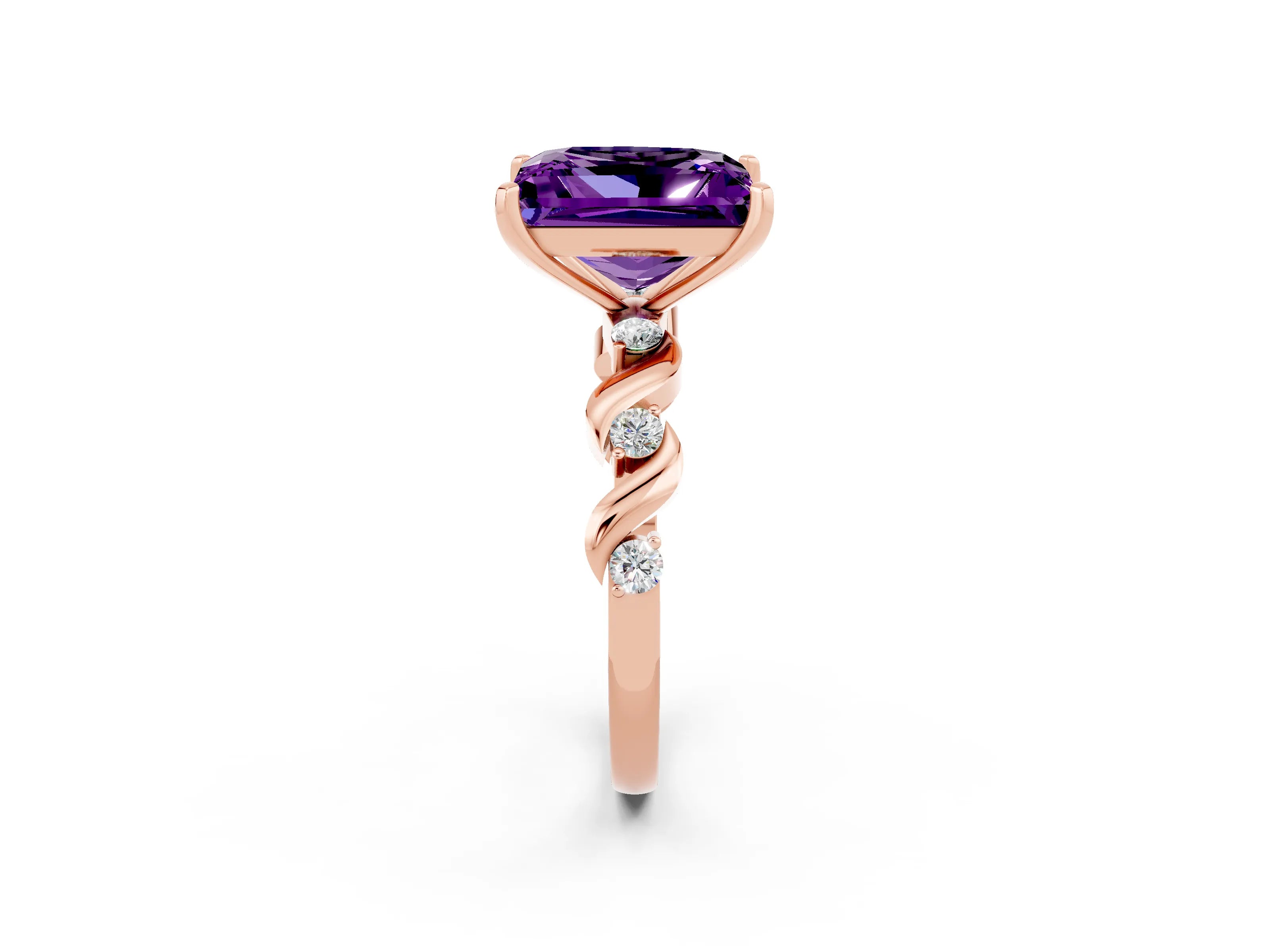 Rose gold Princess Cut Amethyst Solitaire Twisted Band with Round  Accents and Prong Setting_14