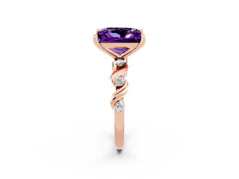 Rose gold Princess Cut Amethyst Solitaire Twisted Band with Round  Accents and Prong Setting_14