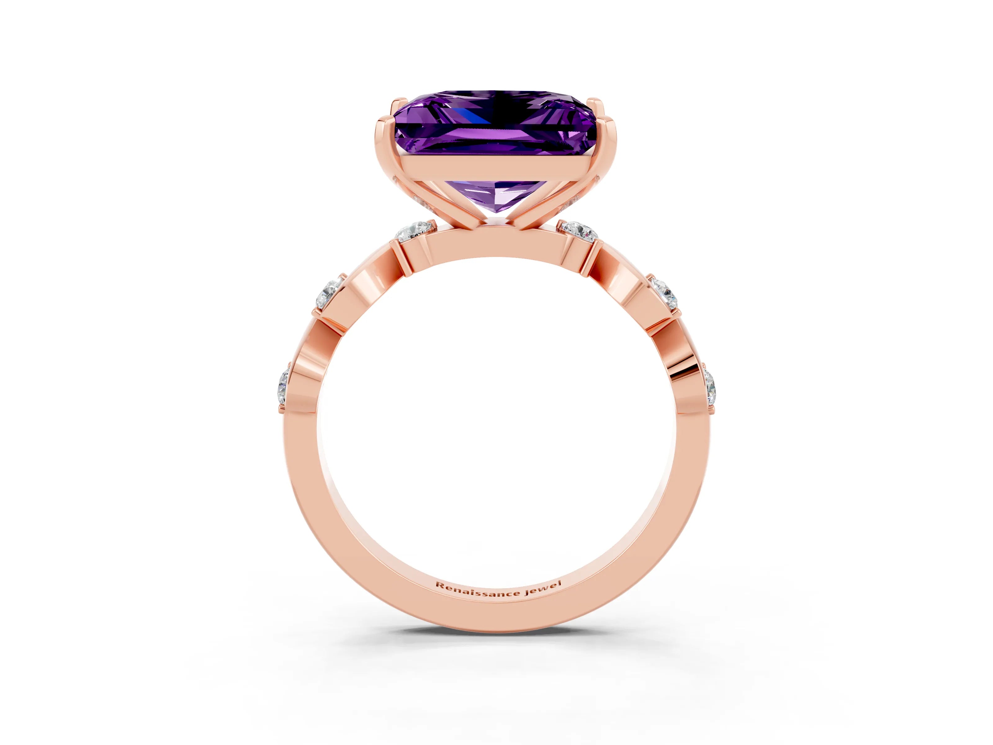 Rose gold Princess Cut Amethyst Solitaire Twisted Band with Round  Accents and Prong Setting_15