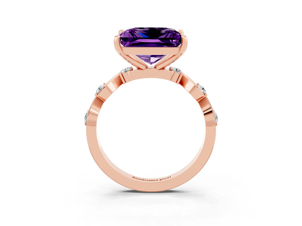 Rose gold Princess Cut Amethyst Solitaire Twisted Band with Round  Accents and Prong Setting