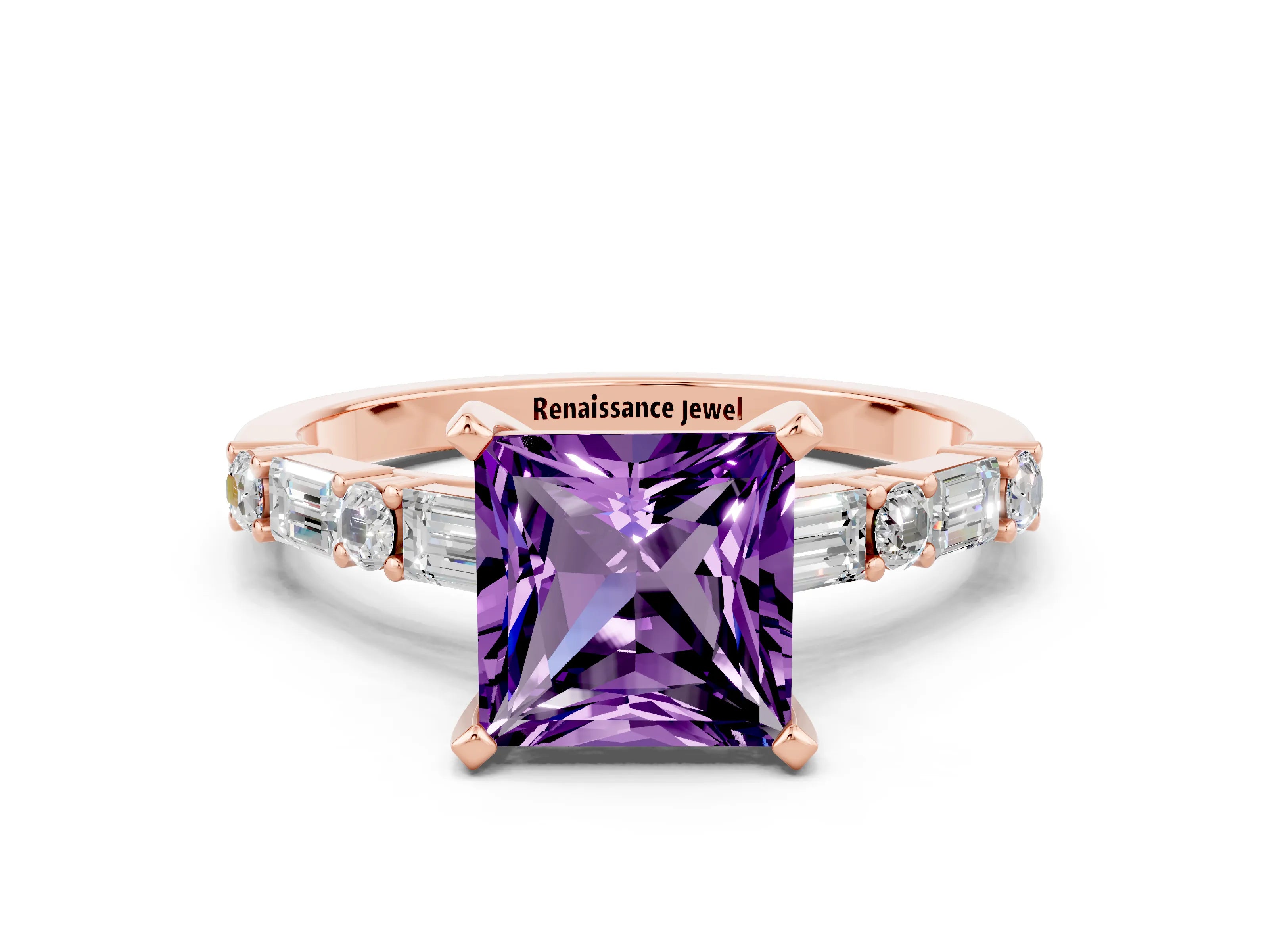 Rose gold Princess Cut Amethyst Solitaire with Side Baguettes and Channel Set Band