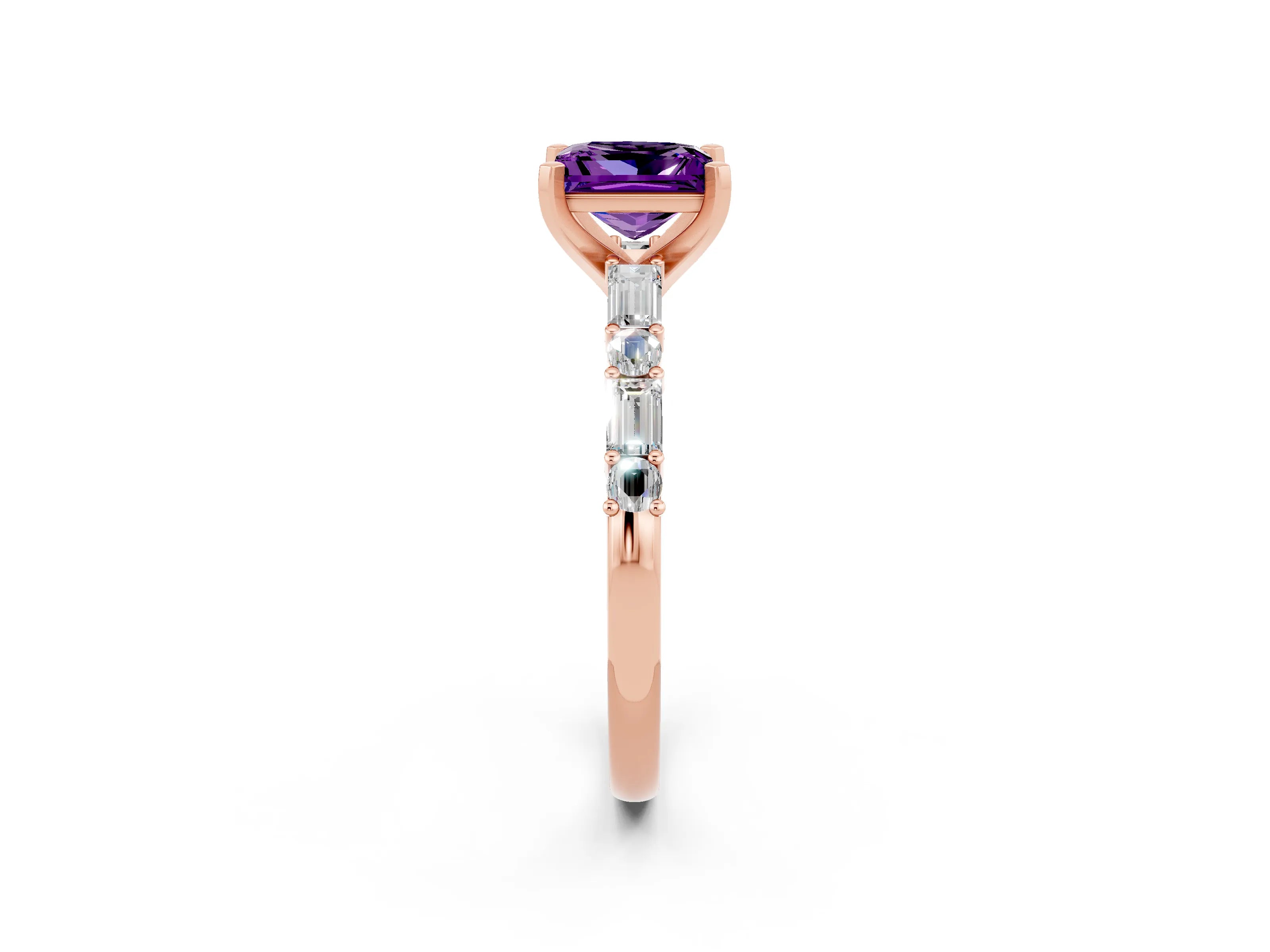 Rose gold Princess Cut Amethyst Solitaire with Side Baguettes and Channel Set Band_2
