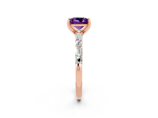 Rose gold Princess Cut Amethyst Solitaire with Side Baguettes and Channel Set Band