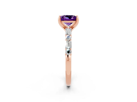 Rose gold Princess Cut Amethyst Solitaire with Side Baguettes and Channel Set Band_2