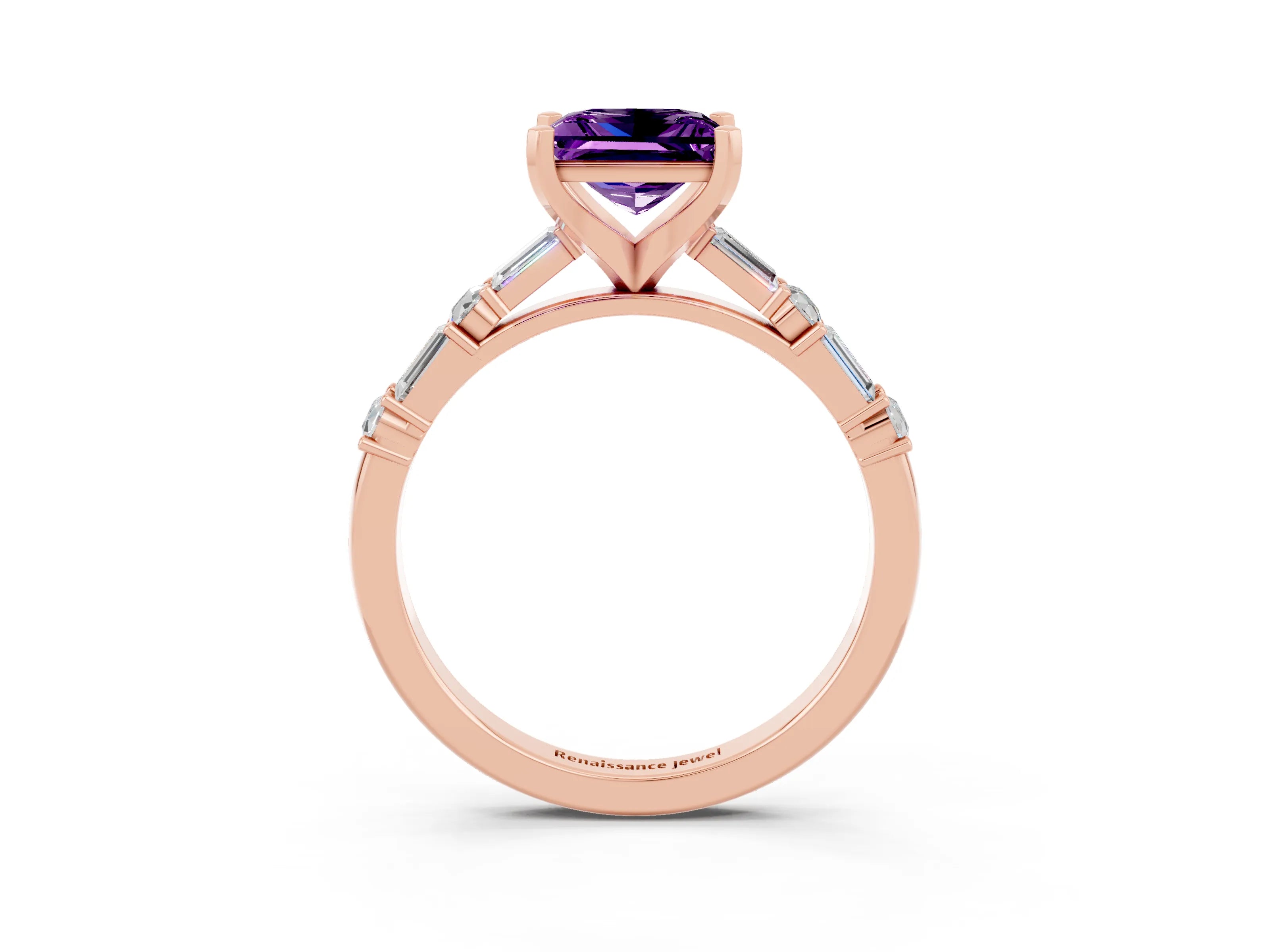 Rose gold Princess Cut Amethyst Solitaire with Side Baguettes and Channel Set Band_3