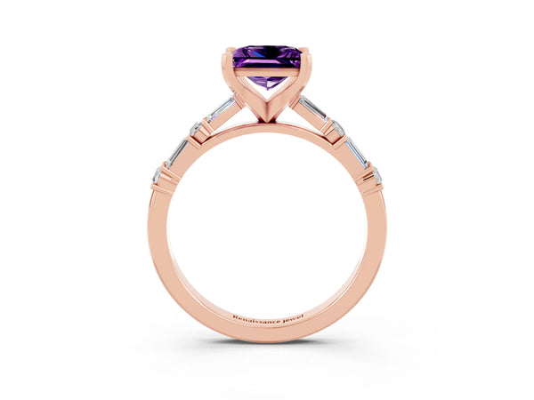 Rose gold Princess Cut Amethyst Solitaire with Side Baguettes and Channel Set Band
