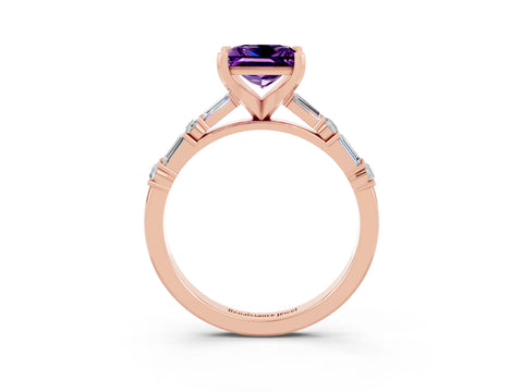 Rose gold Princess Cut Amethyst Solitaire with Side Baguettes and Channel Set Band_3