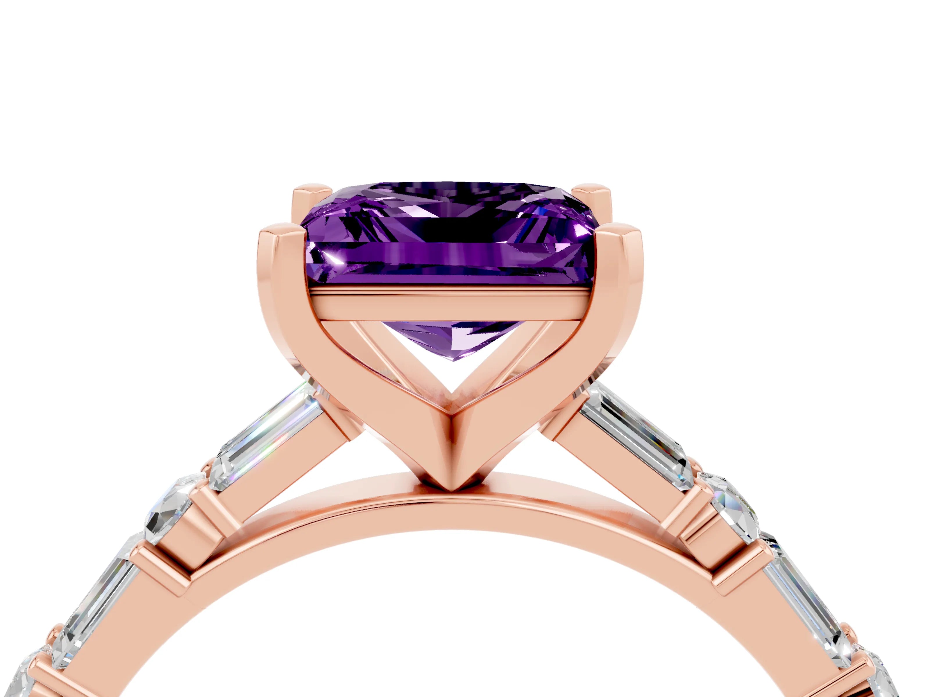 Rose gold Princess Cut Amethyst Solitaire with Side Baguettes and Channel Set Band_4