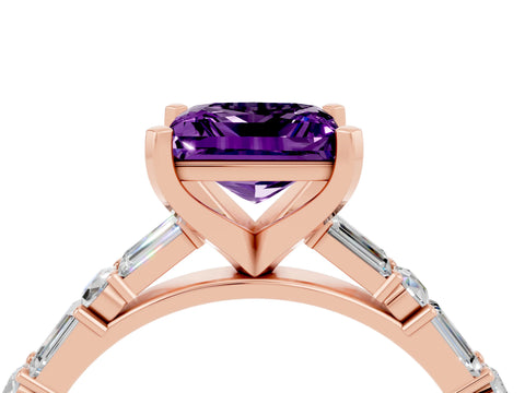 Rose gold Princess Cut Amethyst Solitaire with Side Baguettes and Channel Set Band_4