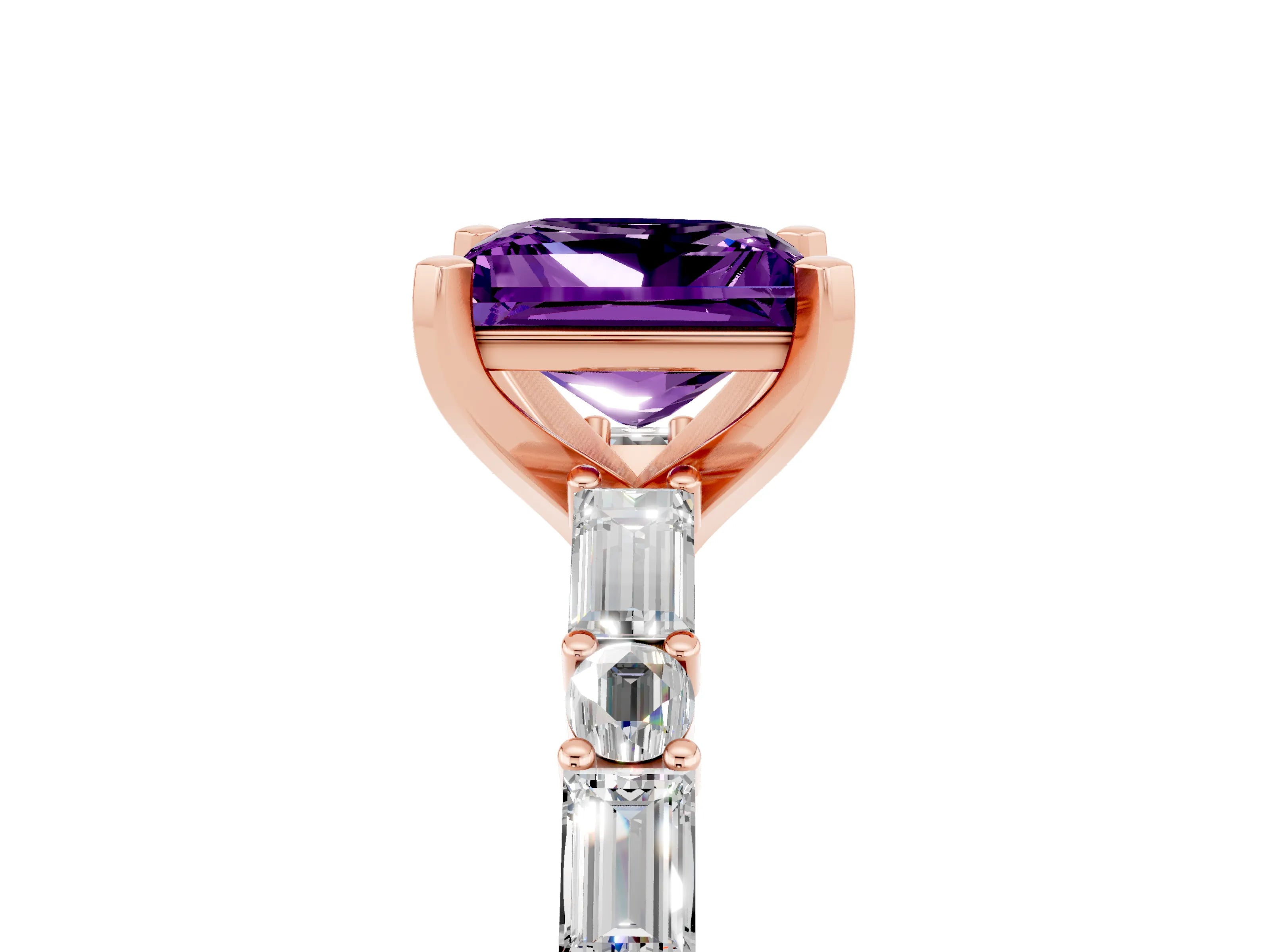 Rose gold Princess Cut Amethyst Solitaire with Side Baguettes and Channel Set Band_5