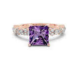 Rose gold Princess Cut Amethyst Solitaire with Side Stones, Pave Band, Four-Prong Setting_36