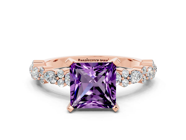 Rose gold Princess Cut Amethyst Side Stone Solitaire Ring with Round  and Four-Prong Setting